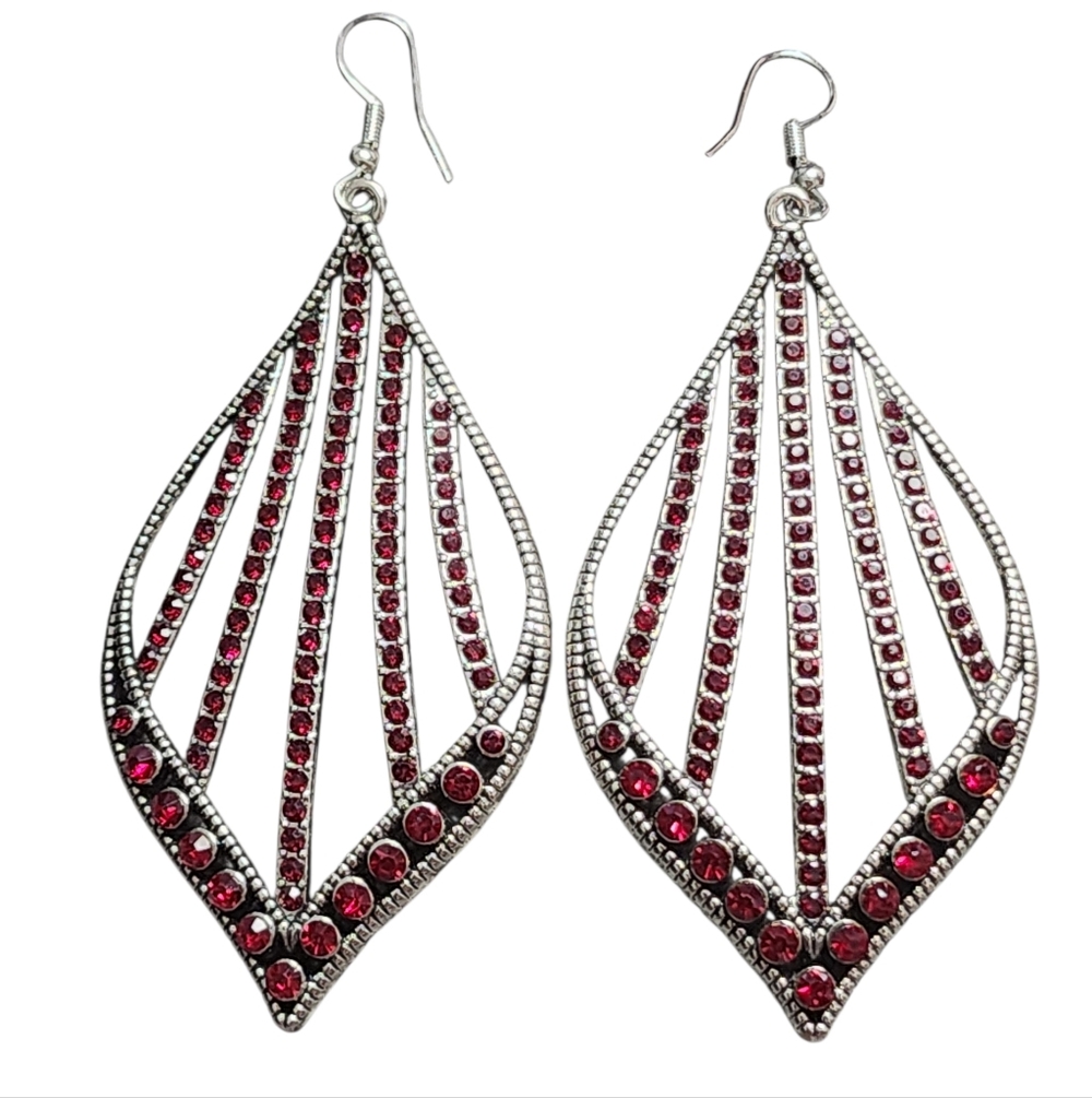 Red Crystal Silvertone Dangle Earrings